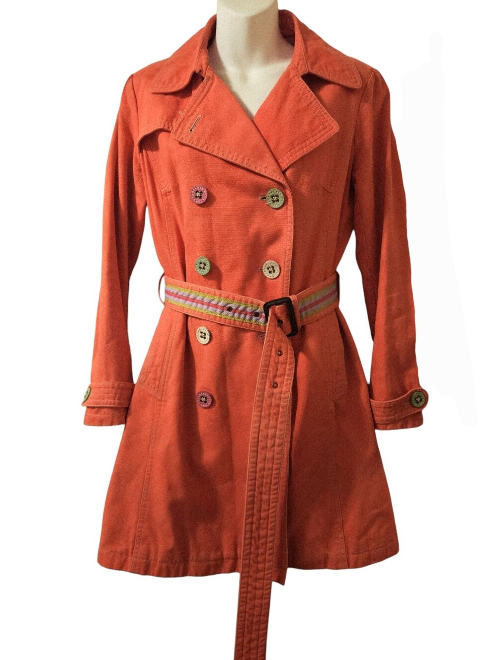 Boden Orange Red Double-Breasted Orange Trench Coat Multicolor Belt Buttons XS S